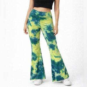 POP Fit Green Blue Tie Dye Flare Boho Leggings L (Fits M) Festival Pants NEW